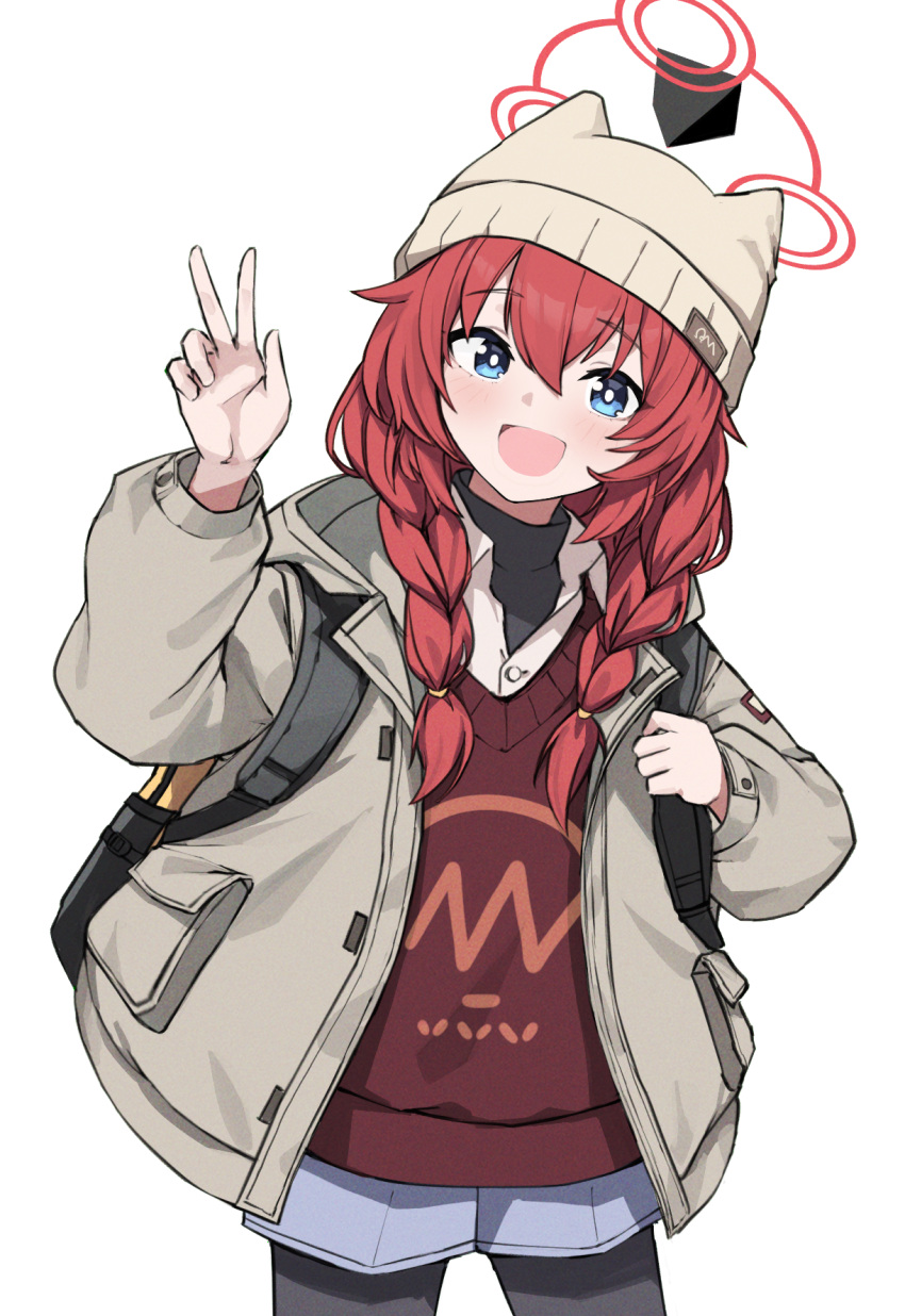 1girl :d animal_hat backpack bag bag_(chrko_bag) beanie black_pantyhose black_sweater blue_archive blue_eyes blue_shorts blush braid cat_hat collared_jacket collared_shirt cowboy_shot grey_jacket hair_over_shoulder halo hat highres jacket layered_clothes legs_apart long_hair long_sleeves looking_at_viewer low_twin_braids maki_(blue_archive) maki_(camp)_(blue_archive) open_clothes open_jacket open_mouth pantyhose pantyhose_under_shorts print_sweater red_sweater redhead shirt shorts sidelocks simple_background smile solo sweater turtleneck turtleneck_sweater twin_braids v v-neck white_background white_hat white_shirt