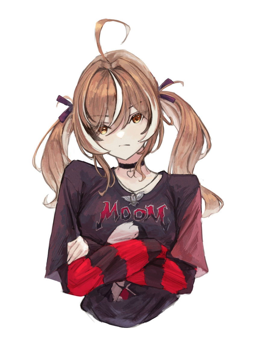 1girl ahoge black_ribbon black_shirt black_sweater brown_eyes brown_hair choker commentary crossed_arms emo_fashion frown hair_over_one_eye hair_ribbon heart heart_choker highres hololive hololive_english huge_ahoge jewelry lace-trimmed_choker lace_trim layered_sleeves long_sleeves looking_at_viewer multicolored_hair nanashi_mumei nanashi_mumei_(emo) necklace nightmare_(nanashi_mumei) red_sweater ribbon shirt short_over_long_sleeves short_sleeves streaked_hair sweater sweater_under_shirt symbol-only_commentary t-shirt tablicoart twintails two-tone_sweater virtual_youtuber