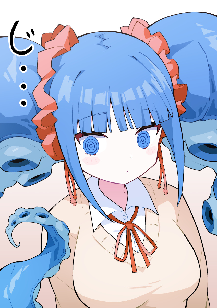 1girl @_@ absurdres blue_hair borrowed_character brown_sweater closed_mouth cocokana collared_shirt commentary highres long_hair looking_at_viewer mizudako-chan_(okbnkn) neck_ribbon original red_ribbon ribbon shirt sweater symbol-only_commentary tentacle_hair translation_request twintails white_shirt