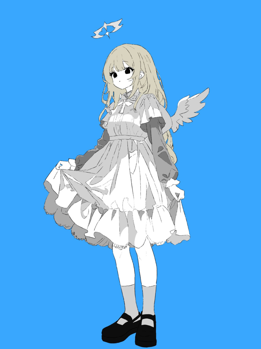 1girl angel_wings black_eyes black_footwear blonde_hair blue_background closed_mouth commentary_request dot_mouth dress empty_eyes expressionless feathers full_body grey_socks halo highres long_sleeves mochu_(aoishikabane) original shoes simple_background socks solo standing white_dress white_wings wings