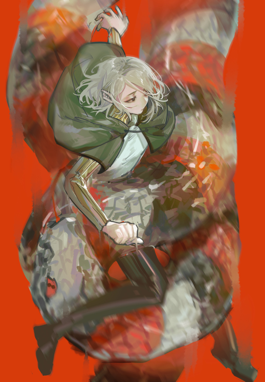 1boy black_eyes black_footwear blonde_hair boots cape clenched_hand dungeon_meshi elf expressionless from_above gorget green_cape highres jiuzhong054 long_sleeves male_focus mithrun notched_ear pointy_ears red_background restrained shirt short_hair simple_background snake snake_bondage solo thigh_boots white_shirt