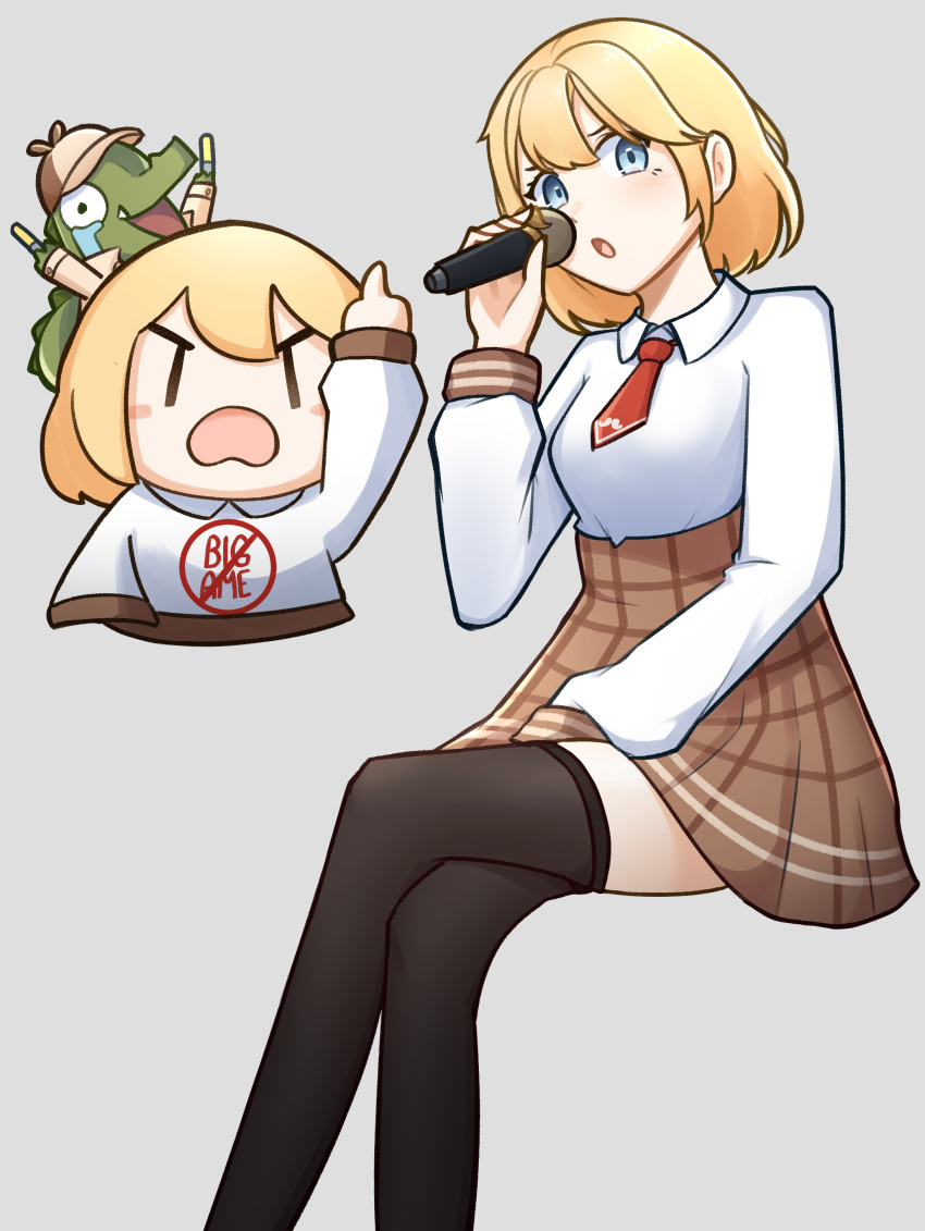 2girls :o absurdres black_skirt black_thighhighs blonde_hair blue_eyes blush_stickers brown_skirt commentary crossed_legs english_commentary grey_background highres holding holding_glowstick holding_microphone hololive hololive_english investigator_(amelia_watson) long_sleeves looking_at_viewer microphone moon_ldl multiple_girls necktie photo-referenced plaid plaid_skirt red_necktie shirt short_hair short_necktie simple_background sitting skirt sleeve_cuffs smol_ame thigh-highs virtual_youtuber watson_amelia watson_amelia_(1st_costume) white_shirt wing_collar