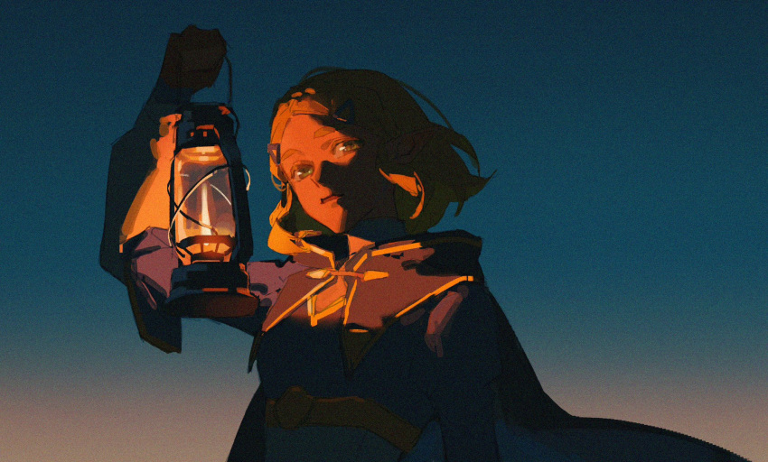 1girl blue_shirt braid cape crown_braid green_eyes hair_ornament hairclip highres holding holding_lantern lantern long_sleeves looking_at_viewer night night_sky parted_bangs parted_lips princess_zelda shirt short_hair sky solo the_legend_of_zelda the_legend_of_zelda:_tears_of_the_kingdom thick_eyebrows toaot twilight upper_body