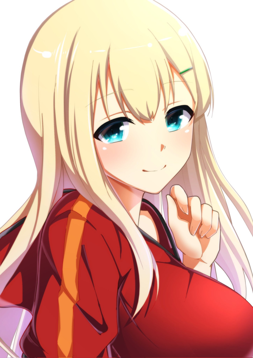 1girl aqua_eyes betterthanbone2 blonde_hair blush breasts closed_mouth fingernails hair_between_eyes hair_ornament hairclip highres hood hood_down jacket large_breasts long_hair looking_at_viewer red_jacket red_track_suit senran_kagura senran_kagura_new_link senran_kagura_shoujo-tachi_no_shin'ei simple_background smile solo track_jacket track_suit yomi_(senran_kagura)