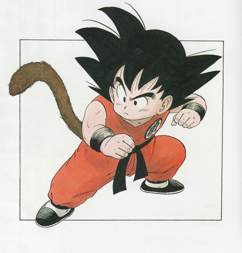 1boy arm_up bare_arms black_eyes black_footwear black_hair black_sash black_wristband border closed_mouth clothes_writing collarbone commentary dougi dragon_ball dragon_ball_(classic) facing_viewer fighting_stance fingernails full_body highres leaning_back legs_apart looking_afar male_focus messy_hair monkey_tail obi official_art outside_border outstretched_arm raised_eyebrow sash serious shoes simple_background socks son_goku spiky_hair tail tareme toriyama_akira white_background white_socks wristband