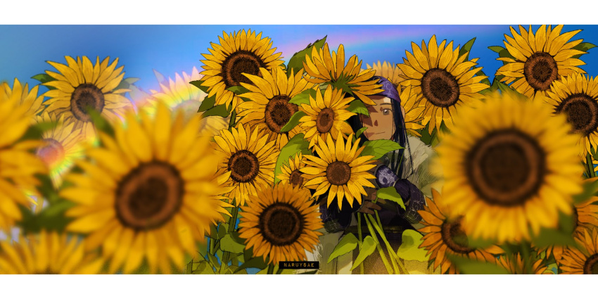 1girl ainu_clothes artist_name asirpa black_hair blurry blurry_foreground closed_mouth field flower flower_field golden_kamuy grey_eyes headband highres holding holding_flower long_hair looking_at_viewer naruysae outdoors purple_headband rainbow smile solo sunflower yellow_flower