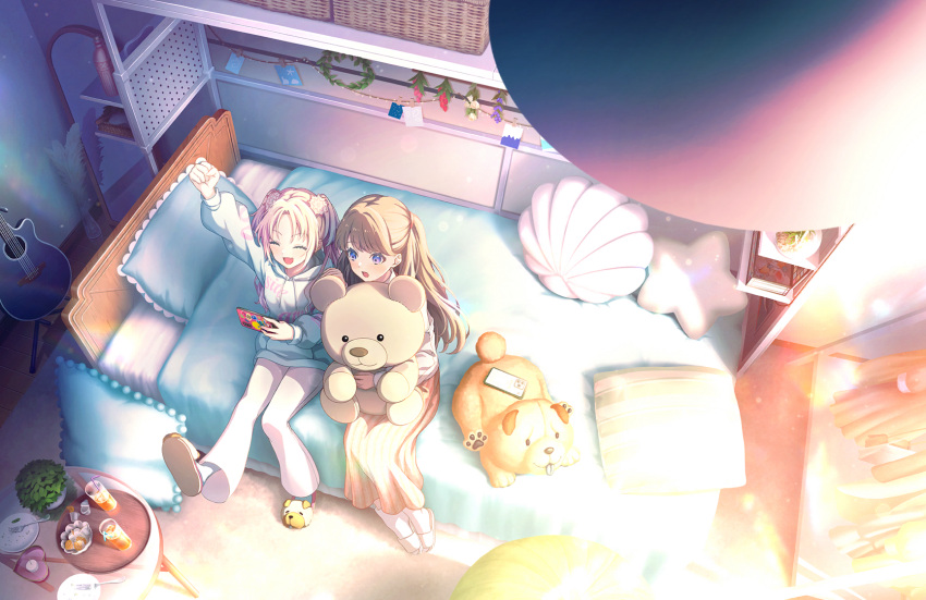 2girls :o ^_^ acoustic_guitar animal_slippers arm_up bedroom blonde_hair blue_hair blue_hoodie brown_dress brown_hair brown_shirt cellphone closed_eyes clothing_cutout cup dress drinking_glass drinking_straw empty_plate fang flower fork from_above fujishima_megumi game_cg glass_table gradient_hair guitar hair_flower hair_ornament heart highres holding holding_phone hood hoodie hugging_doll hugging_object ice in-universe_location instrument iphone_11_pro leg_up light_blue_hair light_particles link!_like!_love_live! long_hair long_sleeves love_live! multicolored_hair multiple_girls official_art on_bed osawa_rurino pants parted_bangs phone plant potted_plant puffy_long_sleeves puffy_sleeves raised_fist shirt shoulder_cutout sitting slippers smartphone socks striped_pillow stuffed_animal stuffed_shell stuffed_star stuffed_toy table teddy_bear third-party_source tray twintails two_side_up v-shaped_eyebrows violet_eyes virtual_youtuber white_flower white_pants white_socks wide_shot