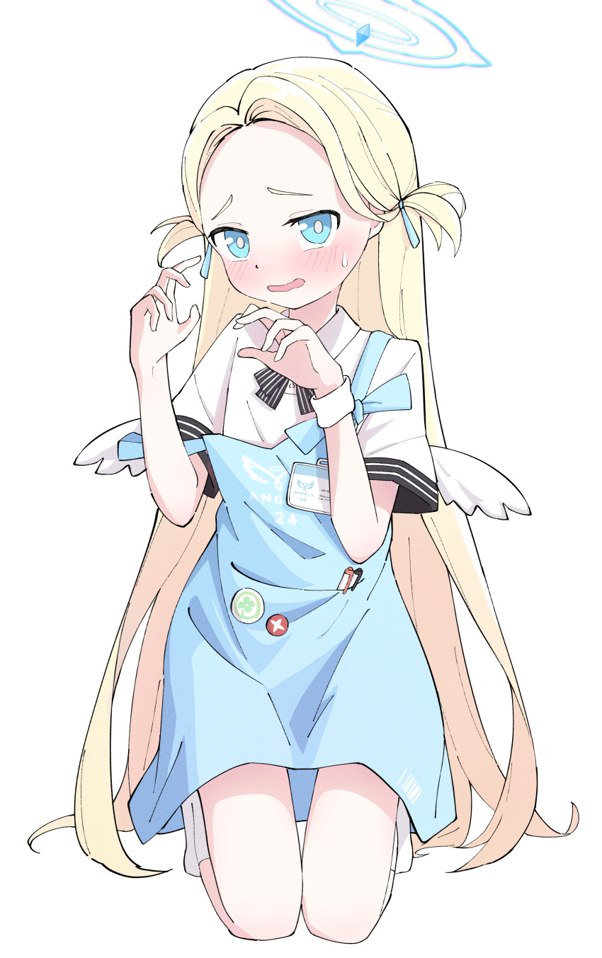 1girl absurdres apron badge black_bow black_bowtie blonde_hair blue_apron blue_archive blue_eyes blue_halo blue_ribbon blush bow bowtie button_badge collared_shirt commentary_request forehead full_body furrowed_brow hair_ribbon halo hands_up head_tilt highres id_card kneeling long_hair looking_at_viewer morphling_(artist) open_mouth parted_bangs pen_in_pocket ribbon shirt short_sleeves simple_background socks solo sora_(blue_archive) straight_hair strap_slip striped_bow striped_bowtie striped_clothes sweatdrop thick_eyelashes thighs two_side_up very_long_hair wavy_mouth white_background white_shirt white_socks white_wings white_wristband wings wristband