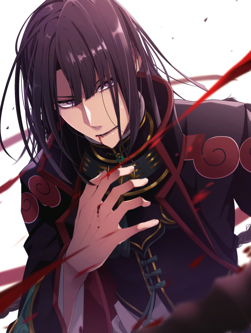 1boy absurdres black_coat black_hair blood blood_on_mouth changpao chinese_clothes coat curtained_hair fate/grand_order fate_(series) gold_trim hair_between_eyes high_collar highres long_hair long_sleeves male_focus morita_yuu open_mouth red_trim solo tai_gong_wang_(fate) violet_eyes