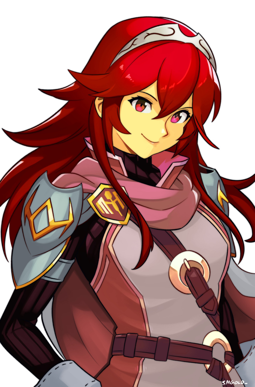1girl absurdres armor artist_name brand_of_the_exalt cape closed_mouth english_commentary fire_emblem fire_emblem_awakening hair_between_eyes highres long_hair long_sleeves looking_at_viewer lucina_(fire_emblem) official_alternate_color red_eyes redhead shoulder_armor sidelocks smgold smile solo super_smash_bros. symbol_in_eye tiara upper_body white_background