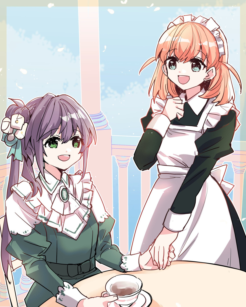 2girls :d alternate_costume apron black_dress blue_eyes blue_sky collared_dress commentary_request crossed_bangs cup dress enmaided eye_contact falling_petals frilled_apron frills green_dress green_eyes hair_bun hair_ornament highres hinoshita_kaho holding_hands juliet_sleeves kanduki_kamibukuro link!_like!_love_live! long_hair long_sleeves looking_at_another love_live! maid maid_apron maid_headdress medium_hair multiple_girls on_chair open_mouth orange_hair otomune_kozue petals pleasure_feather_(love_live!) puffy_sleeves purple_hair saucer side_ponytail sidelocks single_side_bun sitting sky sleeve_cuffs smile standing tea teacup two_side_up virtual_youtuber white_apron white_headdress
