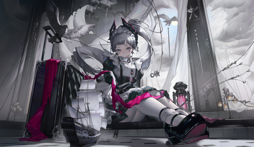 1girl absurdres apron arknights bird bird_girl black_gloves black_shirt black_skirt chest_harness curtains feet floating_hair foot_focus foreshortening full_body gloves grey_eyes grey_hair harness head_wings high_ponytail highres indoors irene_(arknights) irene_(voyage_of_feathers)_(arknights) juliet_sleeves legs_together long_hair long_sleeves looking_at_viewer maid maid_headdress owl p1up1u pantyhose pillar pink_pupils puffy_sleeves scar scar_across_eye ship shirt shoe_soles short_bangs sitting skirt skirt_hold solo suitcase very_long_hair watercraft white_apron white_pantyhose wind wings