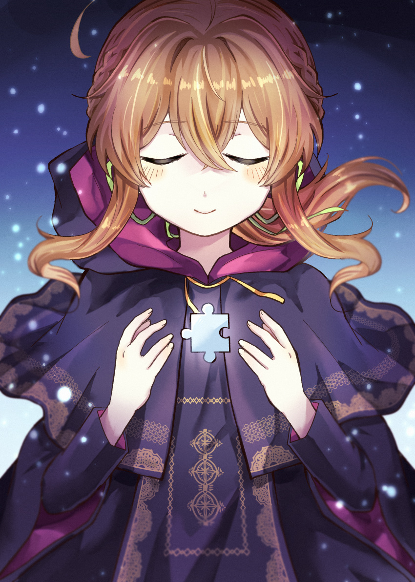 1girl absurdres blush braid brown_hair closed_eyes closed_mouth eyebrows_hidden_by_hair flat_chest glowing hair_between_eyes highres hooded_robe jigsaw_puzzle long_bangs lou_pender medium_hair monica_everett purple_robe puzzle puzzle_piece robe silent_witch smile solo upper_body