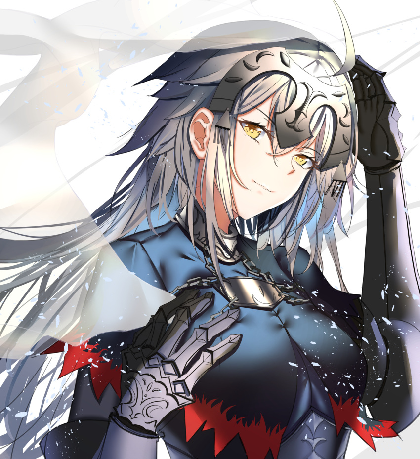 1girl armor armored_dress banner black_gloves blonde_hair breasts chain elbow_gloves fate/grand_order fate_(series) faulds fur-trimmed_legwear fur_trim gauntlets gloves headpiece highres jeanne_d'arc_alter_(avenger)_(fate) jeanne_d'arc_alter_(avenger)_(third_ascension)_(fate) jeanne_d'arc_alter_(fate) large_breasts long_hair looking_at_viewer neko-hime_(neko-hime) solo very_long_hair yellow_eyes