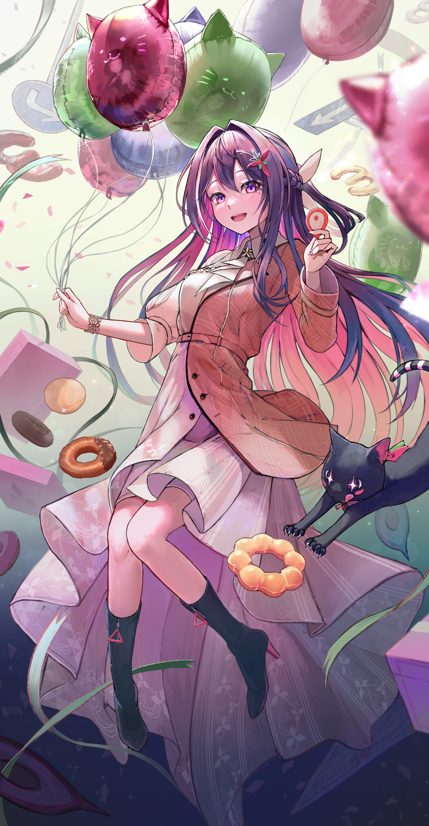 +_+ 1girl absurdres azki_(4th_costume)_(hololive) azki_(hololive) badman6050 balloon belt black_cat boots cat colored_inner_hair confetti different_reflection doughnut dress food hair_intakes high_heel_boots high_heels highres holding holding_balloon hololive long_hair mole mole_under_eye multicolored_hair official_alternate_costume pon_de_ring reflection road_sign sign violet_eyes virtual_youtuber