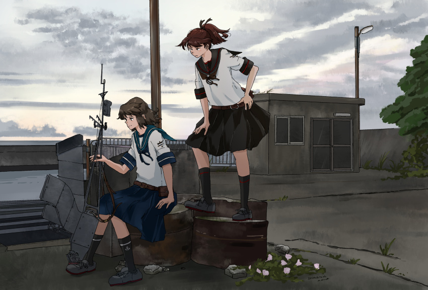 1girl badge black_hair black_sailor_collar black_skirt black_socks blue_sailor_collar blue_skirt brown_hair clouds commentary_request full_body grey_sky highres house kantai_collection kuragare machinery miyuki_(kancolle) outdoors pleated_skirt sailor_collar sailor_shirt school_uniform serafuku shikinami_(kancolle) shikinami_kai_ni_(kancolle) shirt short_hair short_sleeves sidelocks sitting skirt sky smokestack socks solo stairs standing white_shirt