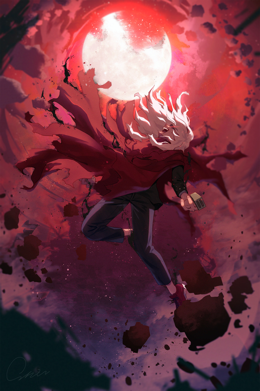 1boy absurdres black_jacket black_pants black_suit blurry boku_no_hero_academia cape clouds cloudy_sky commentary_request cross-laced_footwear depth_of_field dust eye_trail fallstreak_hole film_grain floating floating_cape floating_hair from_side full_body full_moon hands_up head_back highres jacket laughing leaning_back leg_up light light_trail long_hair long_sleeves male_focus matsumotoshinnnosuke messy_hair moon moonlight open_mouth outdoors pants partial_commentary profile prosthetic_fingers red_cape red_footwear red_sky red_theme rock scar scar_on_face scar_on_mouth shaded_face shigaraki_tomura shoes signature sky sneakers soft_focus solo suit torn_cape torn_clothes white_hair