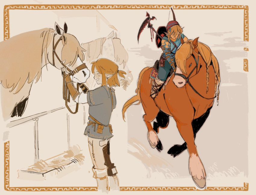 1boy blonde_hair blue_shirt champion's_tunic_(zelda) commentary eclrr english_commentary highres holding holding_shield holding_weapon horse horseback_riding link male_focus multiple_views pointy_ears ponytail riding shield shirt short_ponytail sidelocks smile the_legend_of_zelda the_legend_of_zelda:_breath_of_the_wild the_legend_of_zelda:_tears_of_the_kingdom weapon