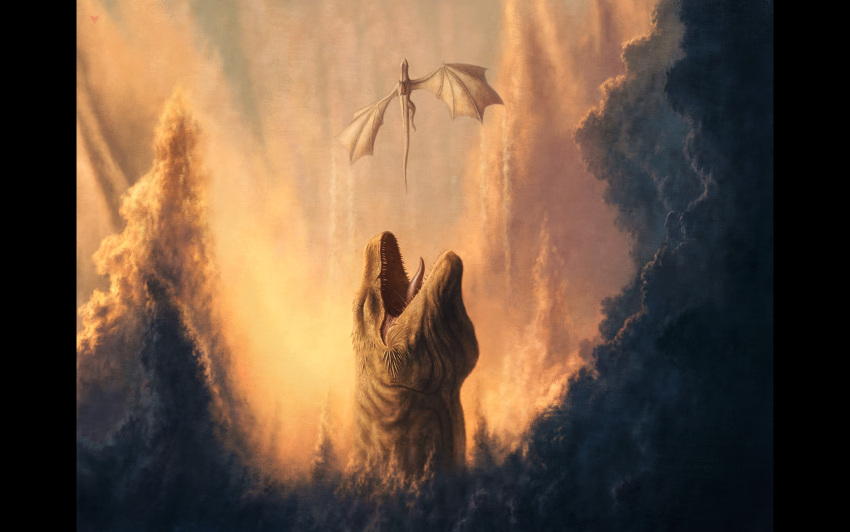 1boy a_song_of_ice_and_fire arrax black_border border chasing clouds commentary dragon dragon_riding dragon_tail dragon_wings english_commentary fantasy flying highres house_of_the_dragon imminent_death lucerys_velaryon open_mouth outdoors rui_goncalves_art sharp_teeth size_difference sky spread_wings tail teeth vhagar western_dragon wings