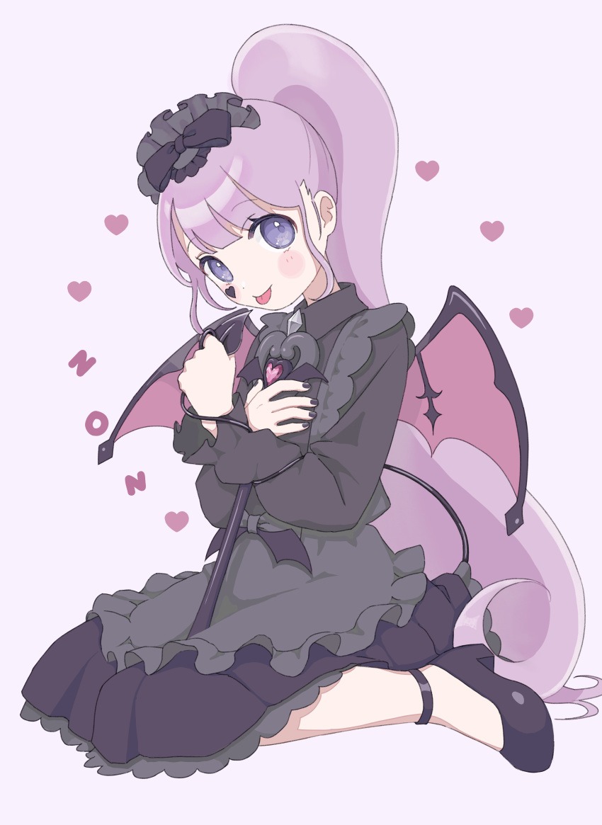 1girl absurdres black_ankleband black_bow black_dress black_footwear black_nails bow character_name demon_tail demon_wings dress grey_background hairband highres holding holding_wand lolita_hairband long_hair long_sleeves looking_at_viewer manaka_non ponytail pretty_series pripara purple_hair solo tail tongue tongue_out uxu_uxa_axa very_long_hair violet_eyes wand wings