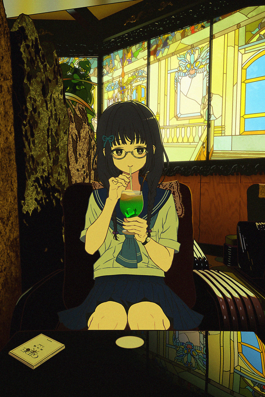 1girl amemori_sayo black_eyes black_hair blue_neckerchief blue_ribbon blue_sailor_collar blue_skirt book braid breast_pocket cafe chair closed_mouth drinking drinking_straw feet_out_of_frame food glasses hair_ribbon highres holding holding_drinking_straw ice_cream ice_cream_float indoors knees_together_feet_apart long_hair looking_at_viewer low_twin_braids miniskirt neckerchief nijisanji nkymyura pleated_skirt pocket reflective_table ribbon sailor_collar semi-rimless_eyewear shirt short_sleeves sidelocks sitting skirt smile solo table twin_braids virtual_youtuber watch watch white_shirt window wispy_bangs