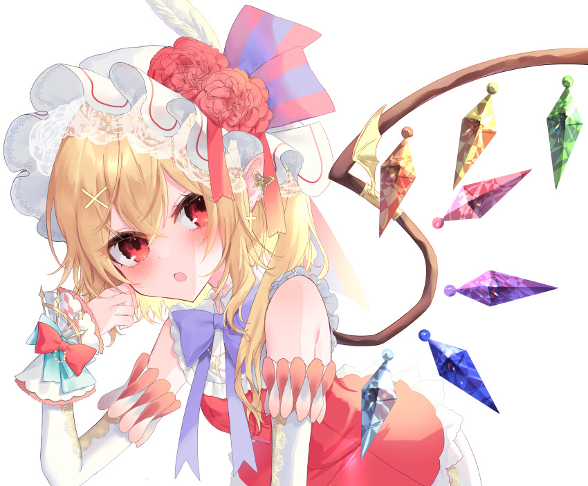 1girl absurdres blonde_hair cowboy_shot crystal_wings dress flandre_scarlet flower hair_flower hair_ornament hat highres leaning_forward open_mouth red_dress red_eyes red_ribbon ribbon rori82li side_ponytail simple_background solo touhou white_background wrist_cuffs