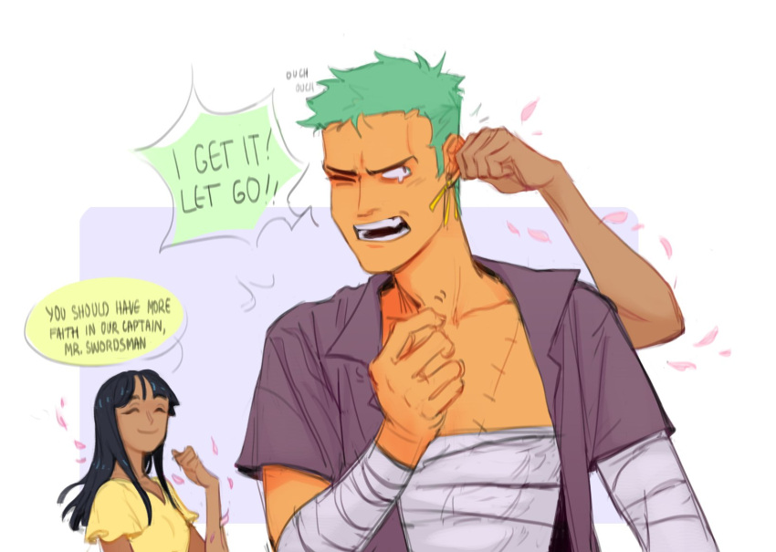 ! !! 1boy 1girl bandaged_chest bandages black_hair blunt_bangs closed_eyes closed_mouth commentary dark-skinned_female dark_skin earrings english_commentary english_text extra_arms green_hair highres jewelry kimpimpam long_hair nico_robin one_eye_closed one_piece open_mouth roronoa_zoro scar scar_on_chest short_hair single_earring smile speech_bubble