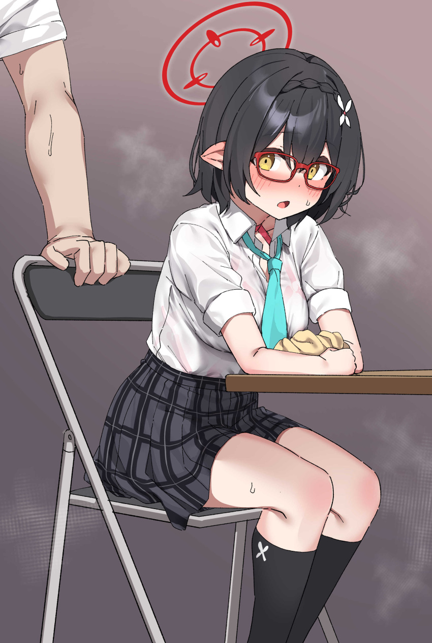 1boy 1girl absurdres ayane_(blue_archive) black_hair blue_archive blush bra commentary_request glasses grey_background hair_between_eyes halo highres isemori necktie pleated_skirt pointy_ears red-framed_eyewear school_uniform see-through see-through_shirt short_hair simple_background skirt steam steaming_body sweaty_clothes underwear wet wet_clothes yellow_eyes