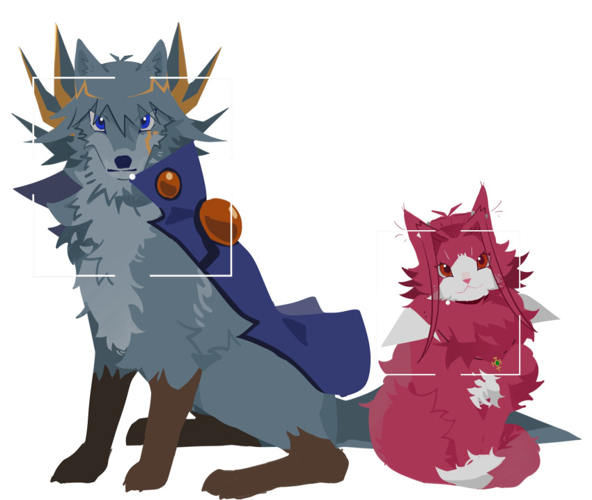animal animal_focus animalization bad_id bad_lofter_id blue_cape blue_eyes cape cat clothed_animal expressionless facial_mark fudo_yusei grey_fur high_collar highres izayoi_aki jewelry light_smile long_bangs looking_at_viewer multicolored_hair naoki_(2rzmcaizerails6) necklace no_humans parted_bangs pendant purple_fur red_eyes simple_background sitting spiky_hair streaked_hair white_background wolf yu-gi-oh! yu-gi-oh!_5d's