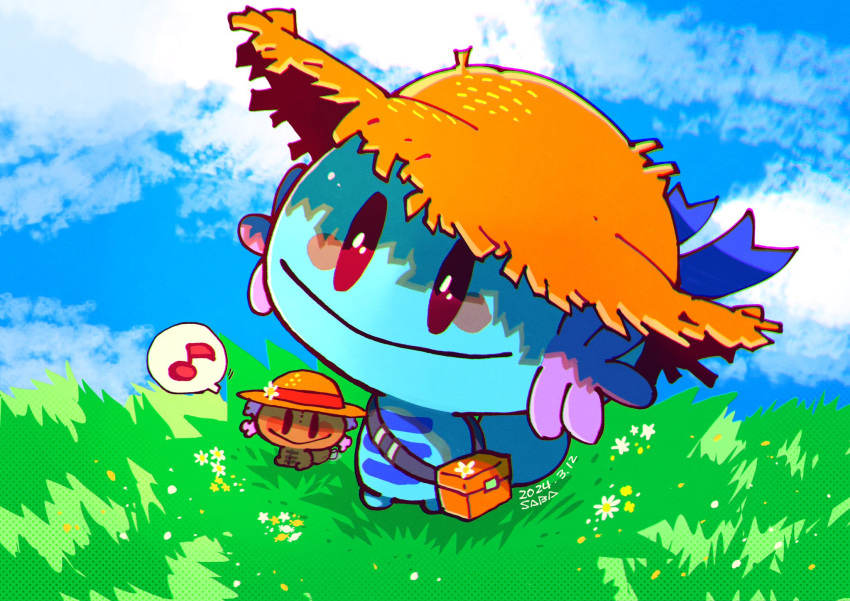 animal_focus artist_name bag blue_sky closed_mouth clouds dated hat highres musical_note no_humans on_grass outdoors paldean_wooper pokemon pokemon_(creature) saba_hokke shoulder_bag sky smile spoken_musical_note standing straw_hat wooper