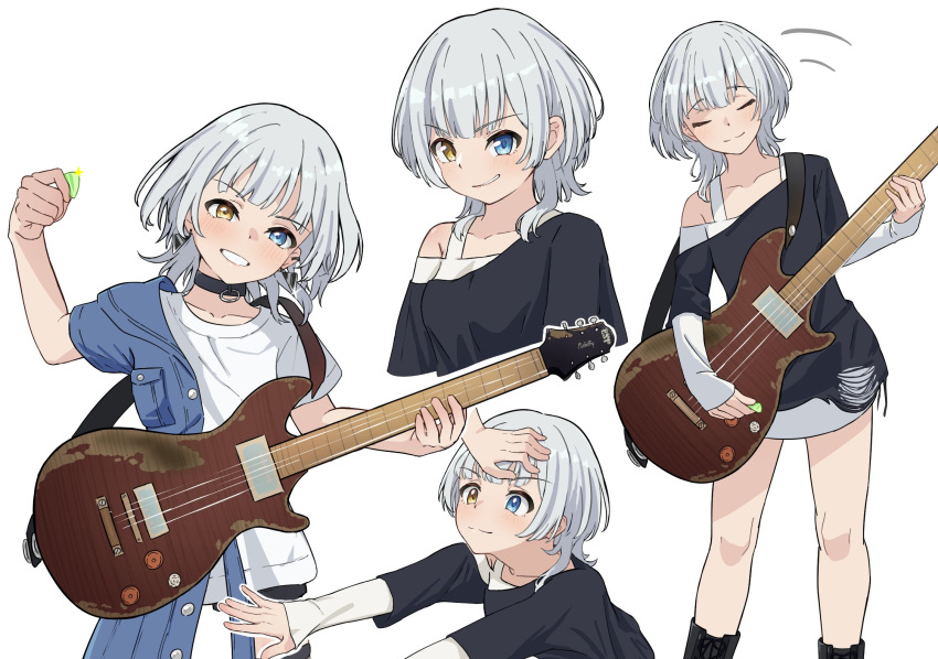 1girl bang_dream! bang_dream!_it's_mygo!!!!! black_choker black_footwear black_shirt blue_eyes blue_jacket boots choker closed_eyes closed_mouth commentary_request grin heterochromia highres holding holding_plectrum jacket kaname_raana layered_sleeves long_sleeves looking_at_viewer medium_hair multiple_views playing_guitar plectrum shirt short_over_long_sleeves short_sleeves simple_background smile solo tonbo_picture white_background white_hair white_shirt wolf_cut yellow_eyes