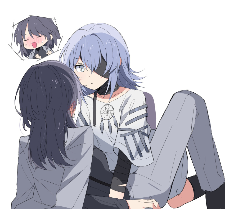 2girls between_legs black_blindfold black_shirt blindfold blue_hair blush bright_pupils chief_(path_to_nowhere) closed_eyes coat coat_on_shoulders dream_catcher ear_blush female_chief_(path_to_nowhere) grey_coat grey_eyes grey_pants hecate_(path_to_nowhere) highres kneeling layered_sleeves long_hair long_sleeves multiple_girls nervous_sweating one_eye_covered open_mouth pants parted_lips path_to_nowhere sappazell shirt short_over_long_sleeves short_sleeves simple_background sweat white_background white_pupils white_shirt yuri