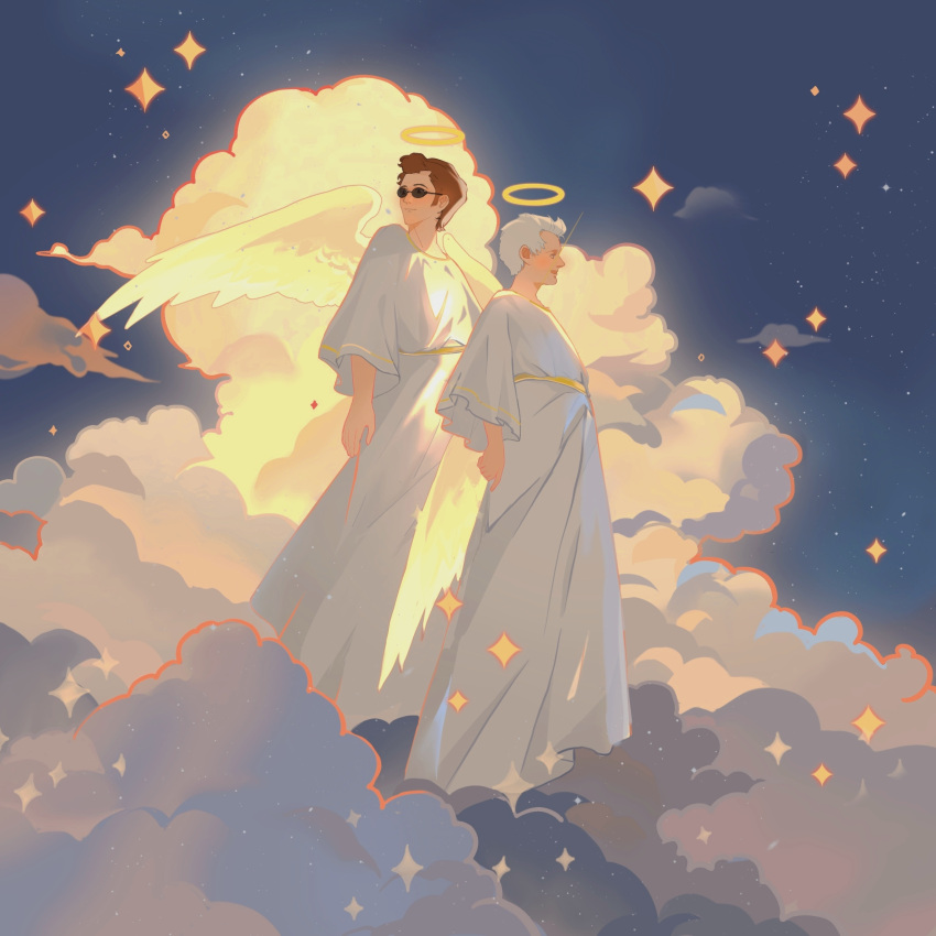 2boys 7203274984 angel angel_wings aziraphale_(good_omens) clouds crowley_(good_omens) glasses good_omens halo highres long_sleeves multiple_boys redhead robe sparkle_background white_hair white_robe wings