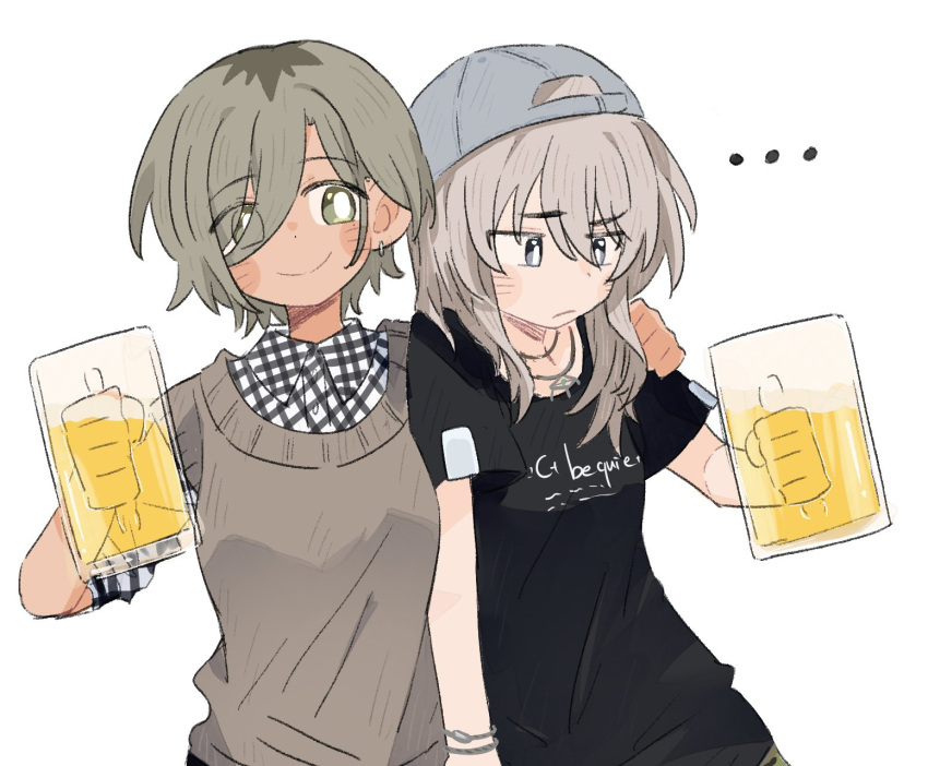 ... 2girls alcohol beer beer_mug black_shirt blush closed_mouth collared_shirt commentary cup dotty-44 earrings girls_band_cry grey_hair grey_sweater_vest hair_between_eyes hand_on_another's_shoulder highres holding holding_cup jewelry kawaragi_momoka long_hair long_hair_between_eyes mole mole_under_eye mug multicolored_hair multiple_girls plaid plaid_shirt roots_(hair) rupa_(girls_band_cry) shirt short_hair short_sleeves simple_background smile sweater_vest symbol-only_commentary white_background white_shirt yellow_eyes