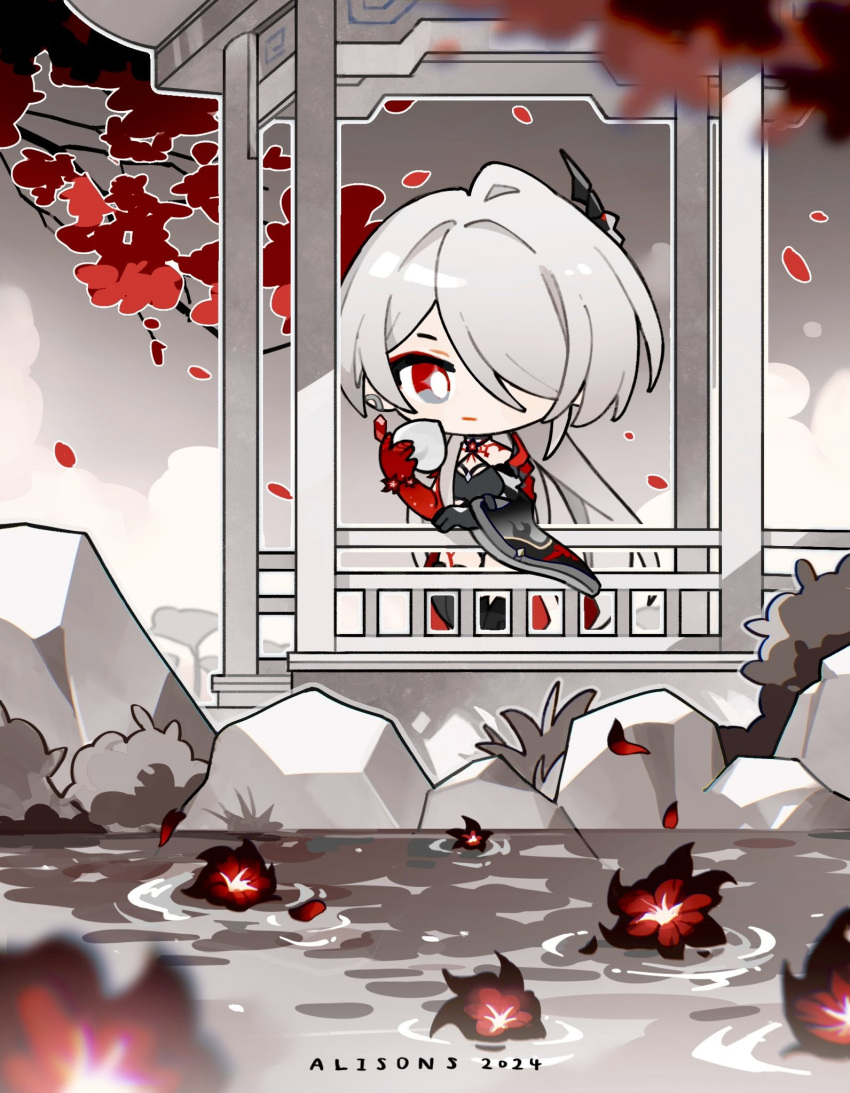 1girl acheron_(honkai:_star_rail) aixixixixi artist_name black_choker black_gloves chibi chibi_only choker clouds detached_sleeves falling_petals flower flower_on_liquid food fruit gloves grass hair_over_one_eye highres holding holding_food holding_fruit honkai:_star_rail honkai_(series) long_hair partially_colored peach petals red_eyes red_flower redhead ripples rock single_bare_shoulder solo standing tree water