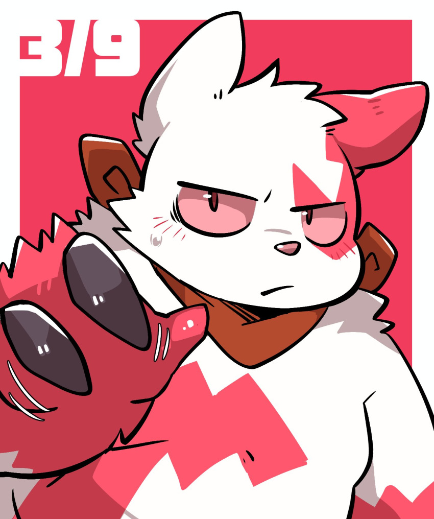 colored_sclera highres looking_at_viewer no_humans numbered pokemon pokemon_(creature) red_fur red_sclera solo tiri_mama two-tone_fur upper_body white_fur zangoose