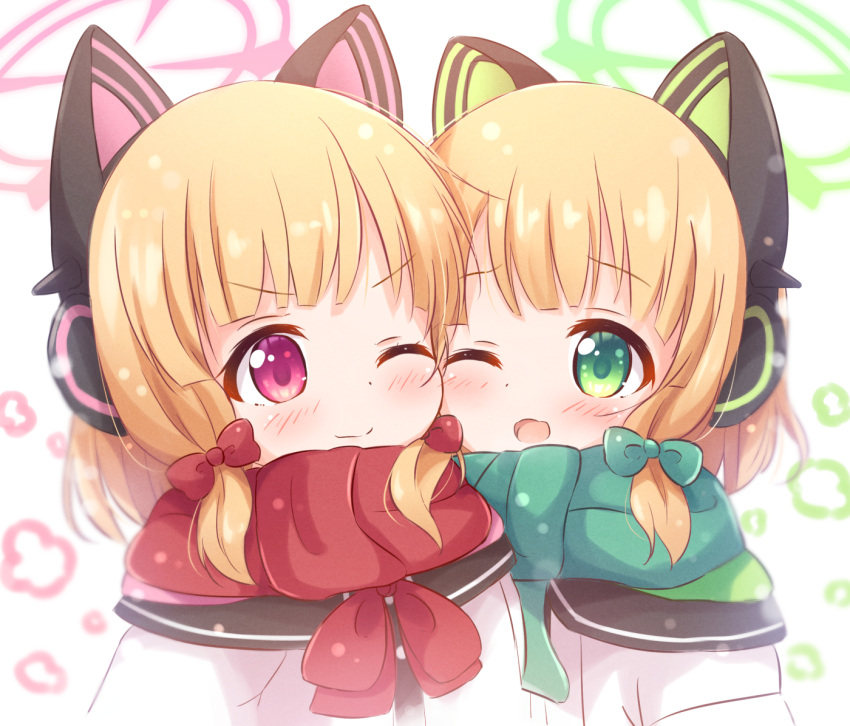 2girls ;d animal_ear_headphones animal_ears araki495 blonde_hair blue_archive blush bow cat_ear_headphones cheek-to-cheek closed_mouth commentary_request fake_animal_ears green_bow green_eyes green_scarf hair_bow halo headphones heads_together jacket midori_(blue_archive) momoi_(blue_archive) multiple_girls one_eye_closed red_bow red_scarf revision scarf siblings sidelocks simple_background sisters smile snowing twins upper_body violet_eyes white_background white_jacket