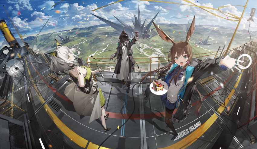 1boy 2girls :d against_railing amiya_(arknights) animal_ears aqua_eyes arknights arm_up ascot black_choker black_footwear black_gloves black_jacket black_pantyhose blue_skirt blue_sky cake cake_slice cat_ears choker clouds commentary_request covered_face cup doctor_(arknights) dress drink drinking_glass fisheye food full_body gloves gradient_hair green_dress green_eyes hand_on_railing highres holding holding_drink holding_plate holding_umbrella hood hood_up infection_monitor_(arknights) jacket jewelry kal'tsit_(arknights) kieed landscape long_bangs long_hair looking_afar looking_at_viewer material_growth medium_hair multicolored_hair multiple_girls multiple_rings off_shoulder on_rooftop open_clothes open_jacket oripathy_lesion_(arknights) outdoors outstretched_arm outstretched_hand pantyhose plate purple_ascot rabbit_ears railing ring rooftop skirt sky smile standing studio_lights sweater toasting_(gesture) umbrella white_hair white_jacket white_sweater wide_shot