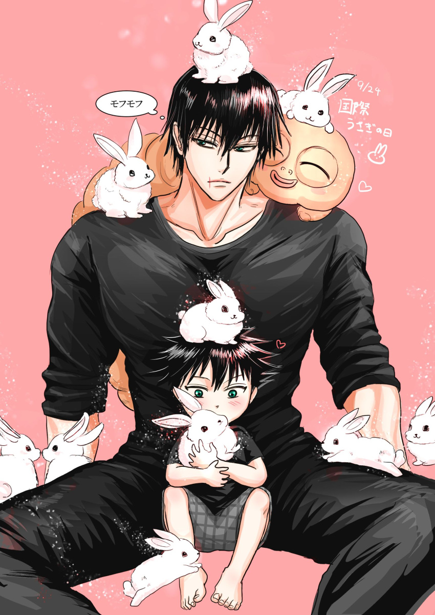 2boys absurdres affectionate artist_request black_hair blush child chinese_zodiac father_and_son fushiguro_megumi fushiguro_touji highres jujutsu_kaisen male_focus mature_male multiple_boys muscular muscular_male pectorals pink_background rabbit scar scar_on_face scar_on_mouth short_hair sitting spread_legs too_many too_many_rabbits translation_request year_of_the_rabbit