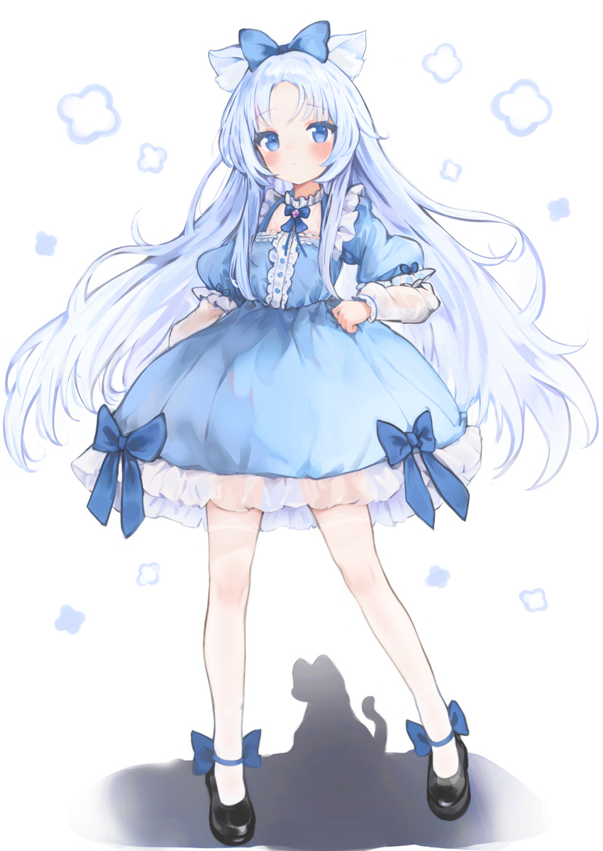1girl animal_ear_fluff animal_ears black_footwear blue_bow blue_bowtie blue_dress blue_eyes blue_hair blush bow bowtie cat_ears closed_mouth commentary_request commission dress dress_bow english_commentary floating_hair frilled_dress frills full_body hair_bow highres light_blue_hair long_hair long_sleeves looking_at_viewer mixed-language_commentary original pixiv_commission puffy_sleeves raised_eyebrows shoes solo standing thigh-highs very_long_hair wangyq white_background white_thighhighs