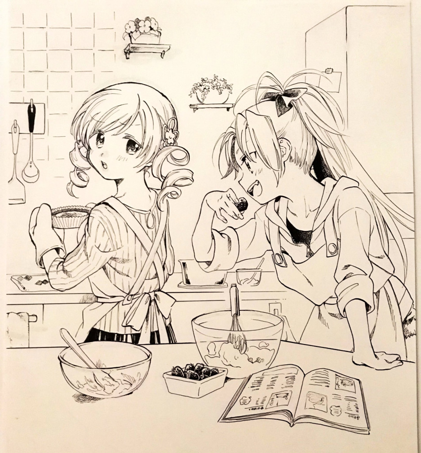 2girls alternate_costume apron back_bow batter blush_stickers book bow bowl buttons casual commentary_request cookbook cooking cowboy_shot criss-cross_back-straps denim denim_shorts drill_hair eating fang food fruit fur-trimmed_shorts fur_trim furrowed_brow greyscale hair_bow hair_ornament hairpin hand_on_table high_ponytail highres holding holding_food holding_fruit hood hood_down hooded_jacket indoors jacket kitchen ladle long_hair long_sleeves looking_at_another looking_back mahou_shoujo_madoka_magica mahou_shoujo_madoka_magica_(anime) monochrome multiple_girls no+bi= open_book open_mouth oven_mitts plant potted_plant sakura_kyoko shelf shorts skirt smile strawberry sweater teeth tomoe_mami towel traditional_media twin_drills upper_teeth_only vertical-striped_sleeves vertical-striped_sweater very_long_hair whisk