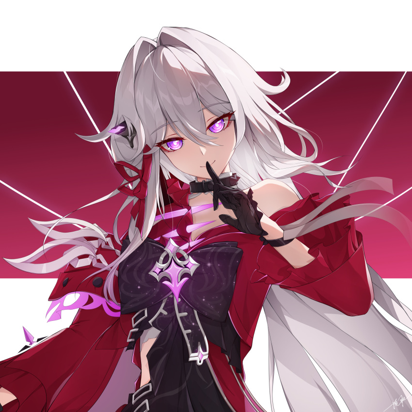1girl absurdres belly black_choker bright_pupils chain_whip choker highres honkai_(series) honkai_impact_3rd jacket looking_at_viewer ooo_wange purple_ribbon red_background red_jacket ribbon ribbon_hair_ornament simple_background single_bare_shoulder smile string thelema_(honkai_impact) violet_eyes white_background white_hair white_pupils