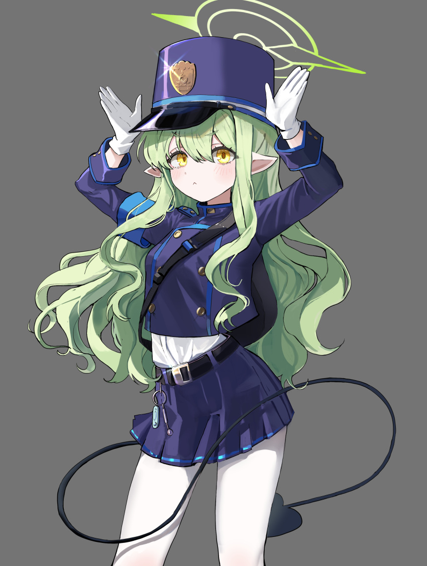 1girl :&lt; absurdres arms_up belt black_belt blue_archive blue_hat blue_jacket blue_skirt blush buttons cowboy_shot cropped_jacket demon_tail double-breasted g1_(user_tjwy5444) gloves green_hair green_halo grey_background hair_between_eyes halo hat highres hikari_(blue_archive) jacket long_hair long_sleeves pantyhose peaked_cap pleated_skirt pointy_ears shirt shirt_tucked_in short_eyebrows sidelocks simple_background skirt solo tail wavy_hair white_gloves white_pantyhose white_shirt yellow_eyes