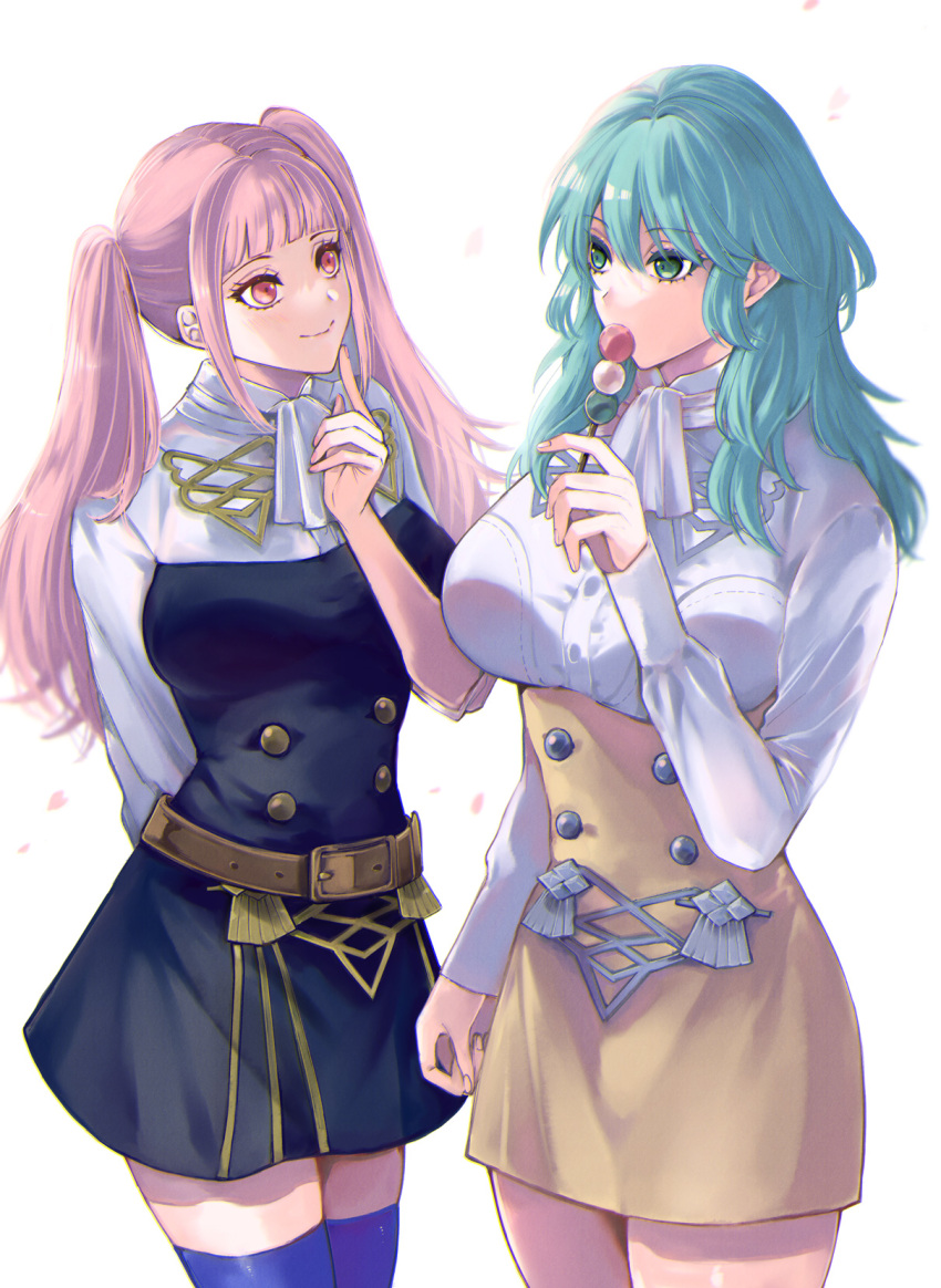 2girls arm_behind_back ascot belt blue_thighhighs breasts brown_belt brown_skirt buttons byleth_(female)_(fire_emblem) byleth_(fire_emblem) closed_mouth dango enlightened_byleth_(female) fire_emblem fire_emblem:_three_houses food garreg_mach_monastery_uniform green_eyes grey_hair high-waist_skirt highres hilda_valentine_goneril holding holding_food large_breasts long_hair looking_at_another mokichi_xx multiple_girls simple_background skirt smile thigh-highs twintails uniform wagashi white_ascot white_background