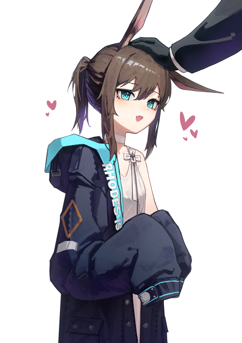 1girl 1other :d absurdres amiya_(arknights) animal_ears arknights black_gloves black_jacket blue_eyes blue_jacket brown_hair chinese_commentary choker clothes_writing commentary_request gloves hair_between_eyes hand_on_another's_head headpat heart highres jacket long_sleeves looking_ahead looking_at_another nian962464 off_shoulder open_mouth petite ponytail rabbit_ears rabbit_girl shirt short_hair simple_background sleeves_past_fingers sleeves_past_wrists smile solo_focus white_background white_choker white_shirt