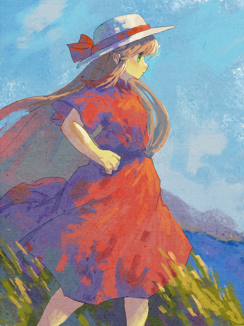 1girl blue_sky brown_hair closed_mouth day dress feet_out_of_frame from_side ge_dazuo green_eyes hand_on_own_hip hat hat_ribbon highres long_hair original outdoors profile red_dress red_ribbon ribbon short_sleeves sky solo standing very_long_hair white_hat