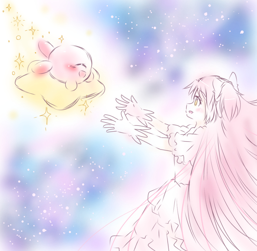 1girl absurdly_long_hair blush closed_eyes commentary_request crossover dress gloves goddess_madoka hoshinekirakira kaname_madoka kirby kirby_(series) long_hair mahou_shoujo_madoka_magica open_mouth outstretched_arms pink_hair smile space sparkle star_(sky) trait_connection very_long_hair warp_star white_dress white_gloves yellow_eyes