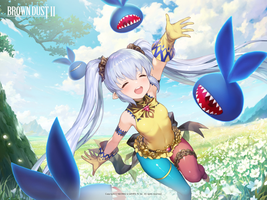 1girl arm_up armpits asymmetrical_legwear blue_thighhighs blush breasts brown_dust_2 closed_eyes clouds cloudy_sky copyright_name dress eyebrows_hidden_by_hair field flower flower_field gloves grey_hair hair_between_eyes hair_tie highres monster mountainous_horizon official_art official_wallpaper open_mouth pointy_ears red_thighhighs refithea_(brown_dust) second-party_source sharp_teeth sky sleeveless sleeveless_dress small_breasts smile solo standing standing_on_one_leg sunlight teeth thigh-highs thigh_strap tree twing_glutti twintails two-tone_thighhighs upper_teeth_only white_dress white_flower yellow_gloves