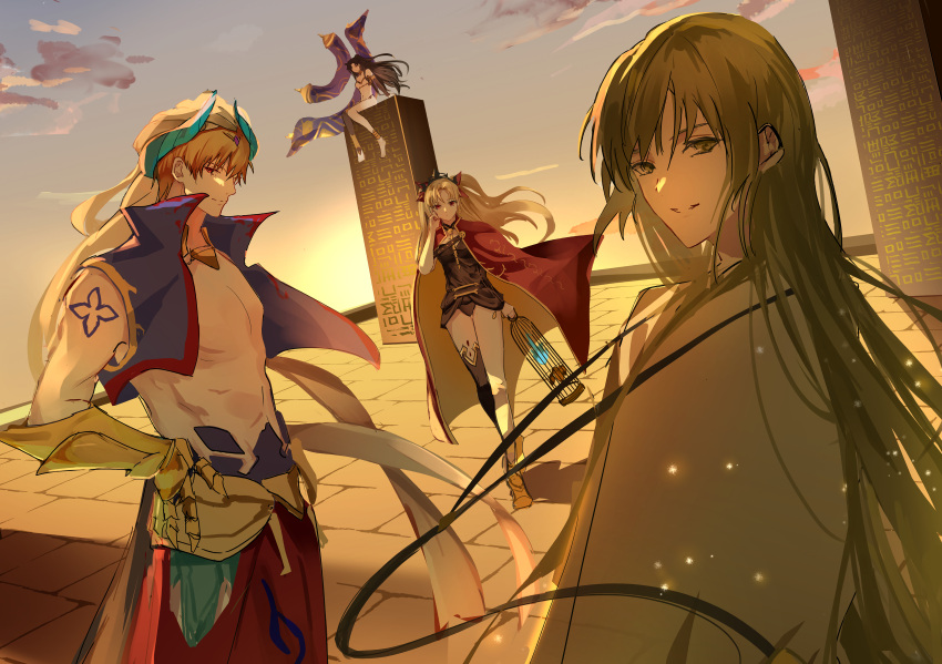1boy 1other 2girls absurdres androgynous arabian_clothes asymmetrical_legwear asymmetrical_sleeves bare_shoulders black_hair blonde_hair bow breasts cage cloak cropped_vest dress earrings enkidu_(fate) ereshkigal_(fate) fate/grand_order fate_(series) gauntlets gilgamesh_(caster)_(fate) gilgamesh_(fate) green_eyes green_hair hair_between_eyes hair_bow hair_ribbon hat heavenly_boat_maanna highres holding holding_cage infinity_symbol ishtar_(fate) jewelry long_hair long_sleeves looking_at_viewer medium_breasts multiple_girls navel necklace ntk_jz parted_bangs red_cloak red_eyes red_ribbon ribbon robe short_hair single_gauntlet single_sleeve single_thighhigh skull skull_ornament smile solo spine tattoo thigh-highs tiara toga turban two-sided_cloak two-sided_fabric two_side_up uneven_legwear very_long_hair vest white_robe yellow_cloak