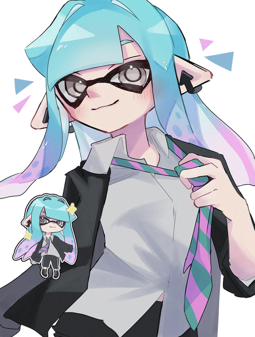 1girl adjusting_clothes adjusting_necktie black_pants black_suit blue_hair breasts chibi chibi_inset collared_shirt earrings gradient_hair green_necktie grey_eyes hand_up highres icebo_x_x jewelry light_blue_hair long_hair looking_at_viewer loose_necktie multicolored_hair necktie octoling_girl octoling_player_character pants pink_hair pink_necktie pointy_ears shirt simple_background small_breasts splatoon_(series) splatoon_3 striped_necktie suit tentacle_hair upper_body white_background white_shirt